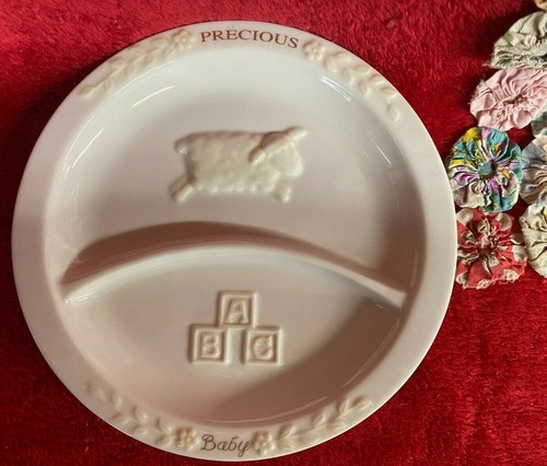 Precious Baby Plate Divided Baby Blocks Sheep Floral Designs Creamy Golden - 第 1/4 張圖片