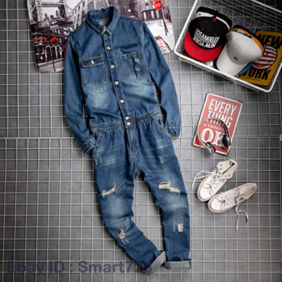 Retro Mens Denim Suspender Trousers Jumpsuits Overalls Jeans