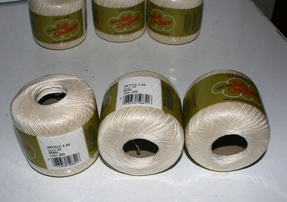 J&P Coats Cotton Knit-Cro-Sheen Crochet Thread 6pc lot New Color: 61 Ecru (#2) - Image 4 of 4