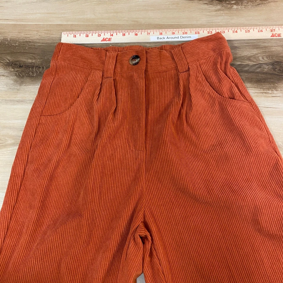 Pantalones para mujer de cintura media alta de pana pierna ancha naranja plisado naranja óxido Foto 2 de 4