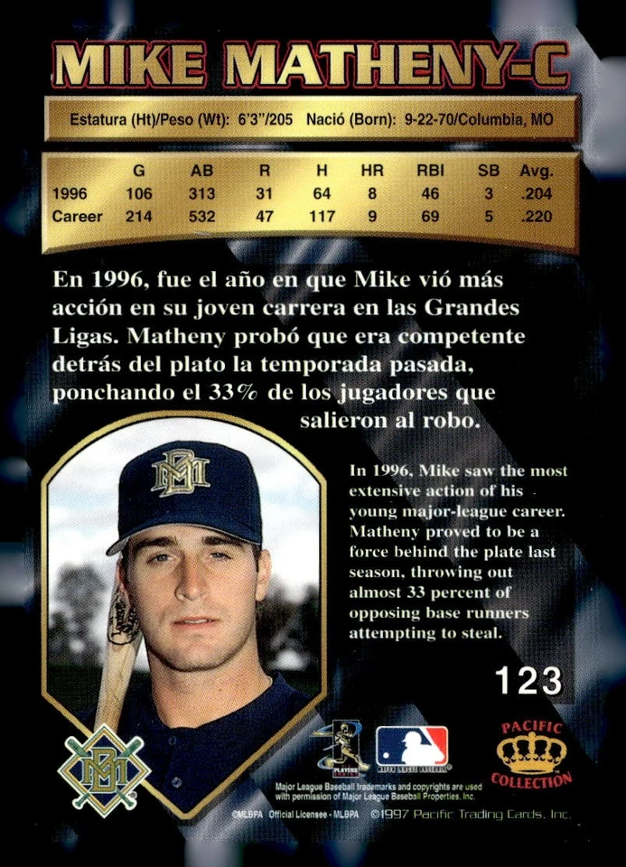 1997 Pacific Crown Collection #123 Mike Matheny - Image 2 of 2