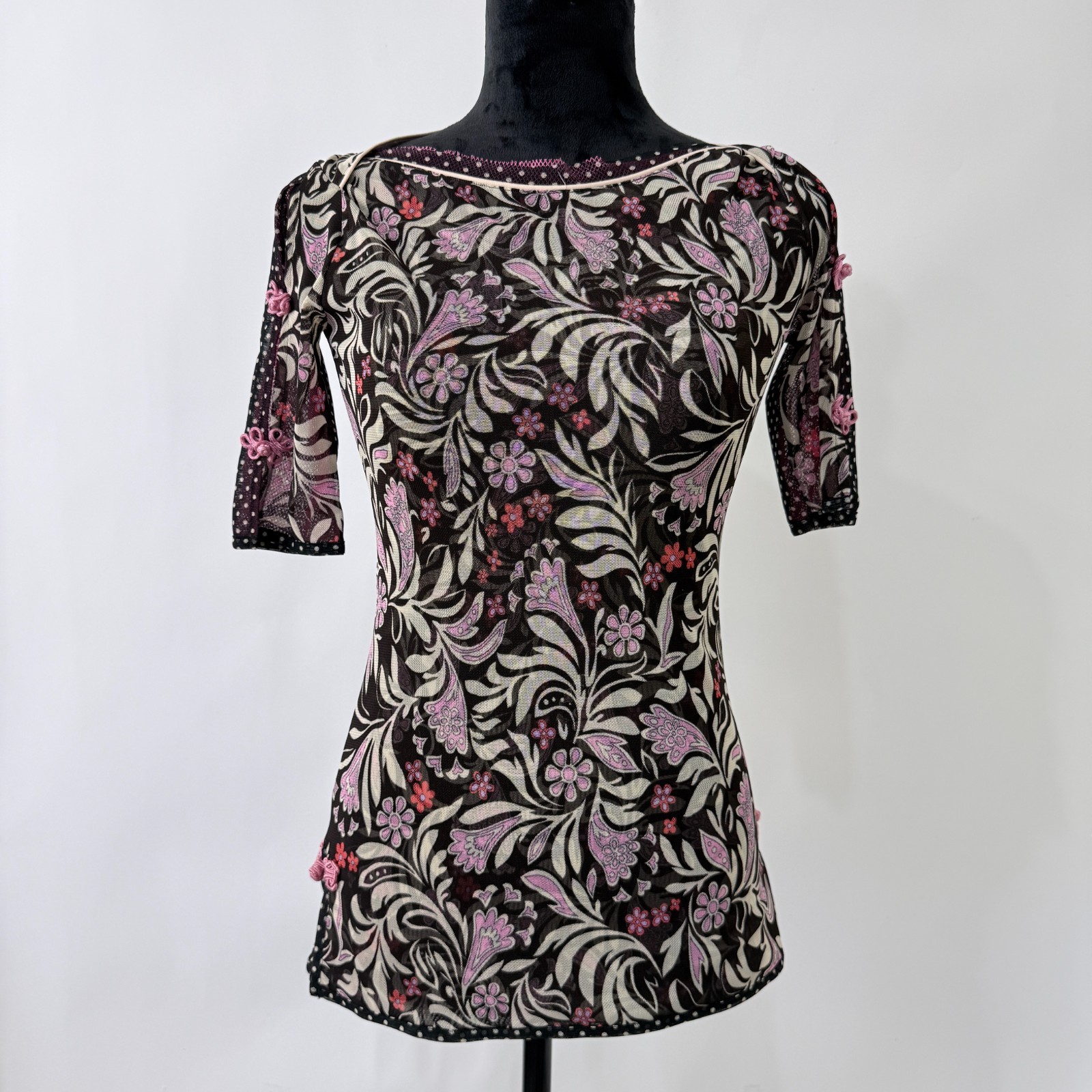 ANAC by Kimmy Y2K Micro Mesh Top Size M Brown Floral Polka Dots Fairy Grunge