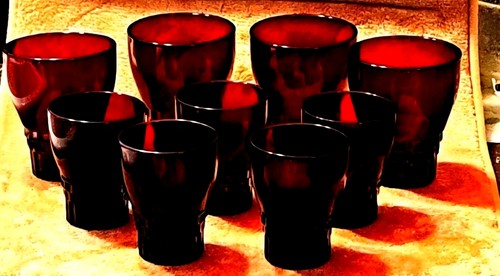 Lot 11 Anchor Hocking Ruby Red Thumbprint Glass Goblet Juice 9 1950 Cream Sugar - Picture 9 of 24