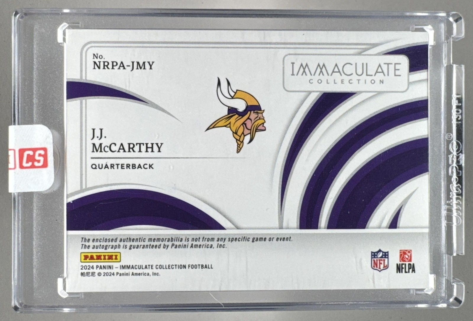 J.J. McCarthy 2024 Panini Immaculate #NRPA-JMY Numbers Rookie Patch Auto /99 view 2