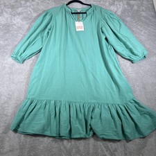 Knox Rose Dress Womens XS Teal Green Ruffle Hem Split Neck 3/4 Puff Sleeve Boho