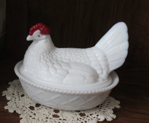 Vintage Westmoreland Nesting Hen Dish Milk Glass Covered Dish Painted Red Comb