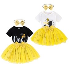 Baby Girls 1st Birthday Romper With Skirts Short Sleeves 3-pieces Sundress