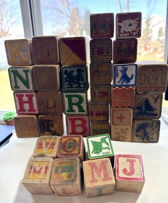 34 Vintage Wood Toy Blocks Victorian Primitive Antique Embossed