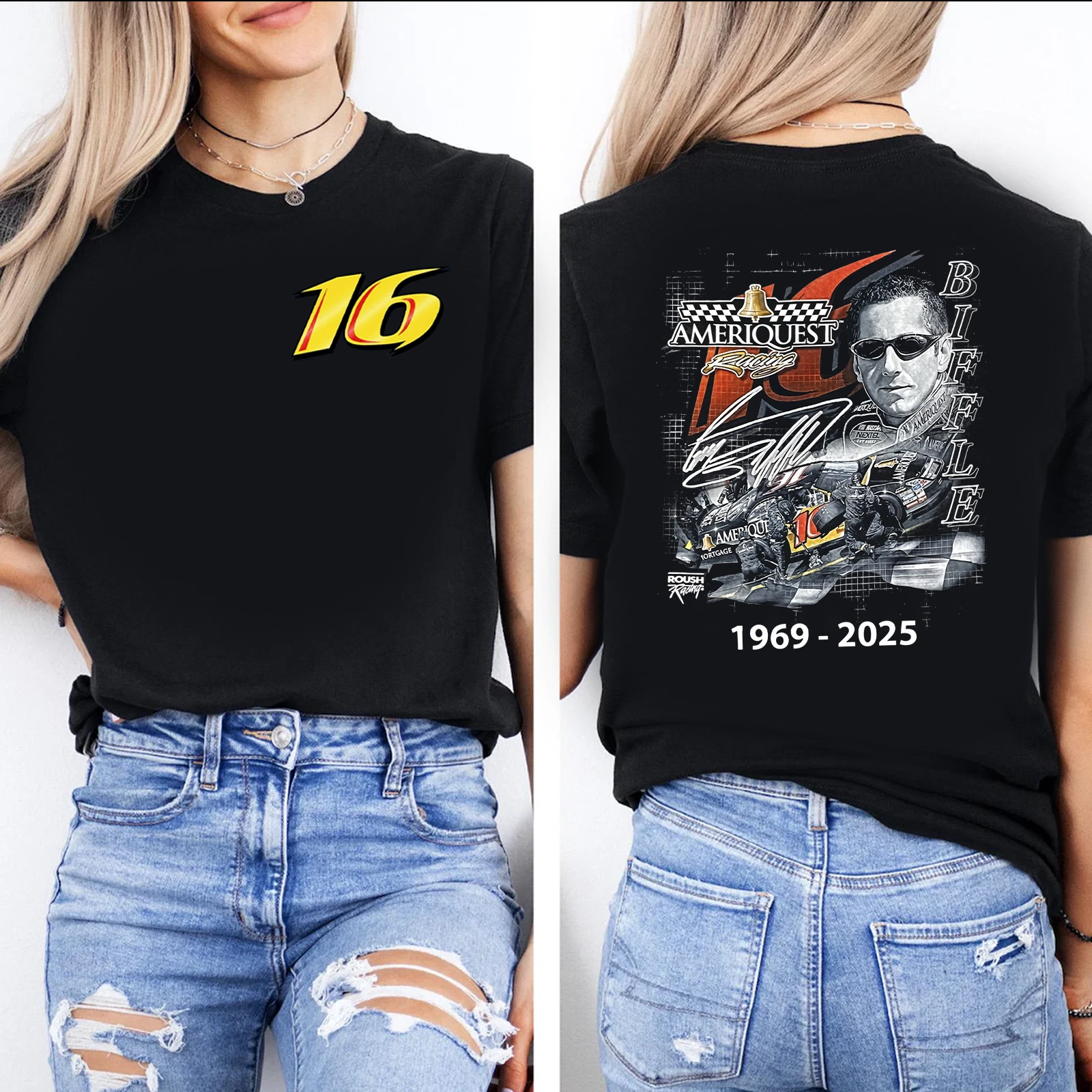 16 Greg Biffle T-Shirt, Legend Tribute 1969-2025 Both Sides Black Shirt
