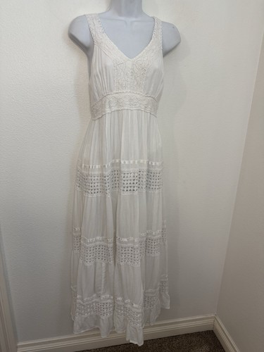 Maxi Vestido Vintage Magic Rayón Blanco Crochet Hippie Boho Hada Niveles M