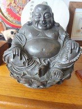 Antico raro Buddha in ghisa 3 chili cinese Buddha che ride fiore di loto