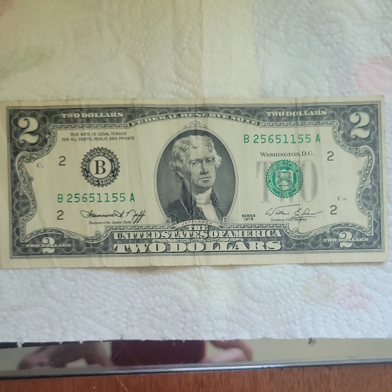 1976 Series $2 Federal Reserve Note Jefferson Green Seal New York B25651155A