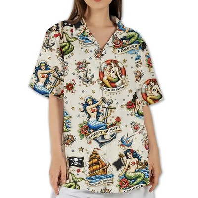 Retro Mermaid Womens Hawaiian Shirt Beach Summer Vacation Gift