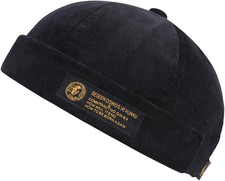 Mens Adjustable Docker Cap, Retro Brimless Rolled Cuff Sailor Worker Beanie Hat