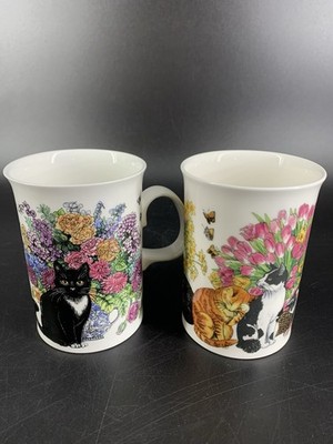 Vintage Dunoon Cat Mugs Set of 2 Made In Scotland Floral Garden Cats Coffee Cups