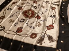 34  Jones New York SILK Scarf VTG Women Baroque Equestrian Heraldic Tassels Lion
