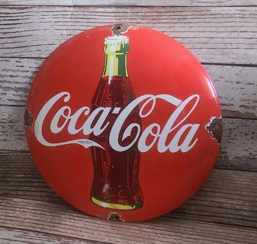 Vintage Coca Cola Porcelain Enamel Metal Coke Soda Bottle Domed Sign