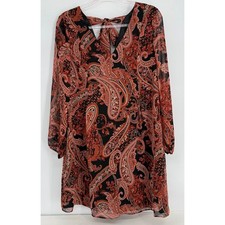 Nine West Womens Orange Black Paisley Long Sleeve Tie Back Mini Dress Sz  M