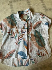 Cynthia Rowley Shirt Sz Medium Button Shirt Boxy Linen Floral Leaves Print