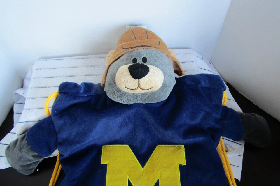 University of Michigan Football Kids Drawstring Backpack with Stuffed Bear Head - Image 2 of 4