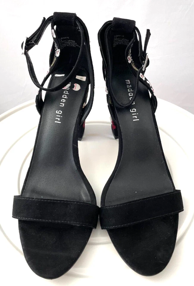 Tacones Madden Girl de terciopelo negro punta abierta hebilla bordada correa al tobillo 8,5 Foto 2 de 4