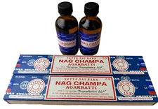 Satya Nag Champa Incense Sticks 15 gr 2 Boxes and Nag Champa Oil 2 Bottles 2 oz