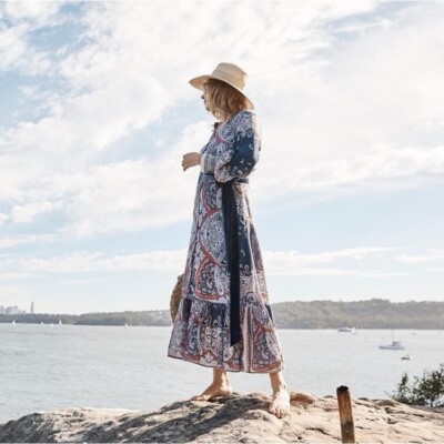 Binny Dress AU 8 US 4 Paisley Bandana Print Blouson Sleeve Maxi Midi Blue