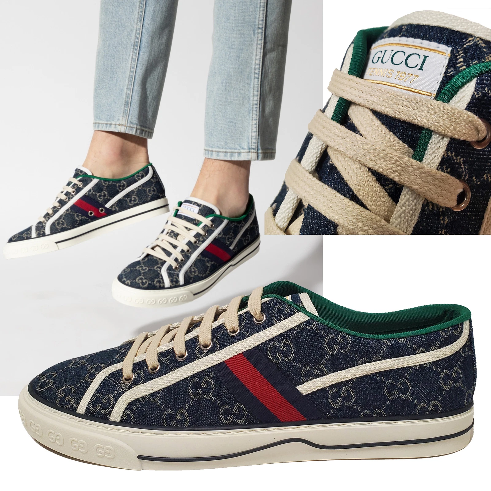 BASKETS HOMME GUCCI TENNIS 1977 GG SUPREME BLEU DENIM CHAUSSURES taille 15 15,5 US