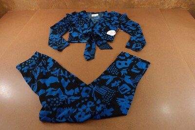Milk & Honey Womens Small Black Blue Printed 2 Piece Crop Top & Pant Set NWT