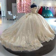 Beige Gold Quinceanera Prom Dresses Ball Gown Mexican with Sleeve Applique