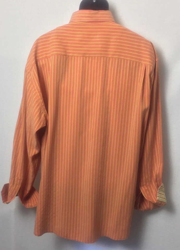 Bugatchi Uomo Shirt Flip Cuff Stripe Plaid Contrast Orange Yellow Salmon - Image 2 of 4