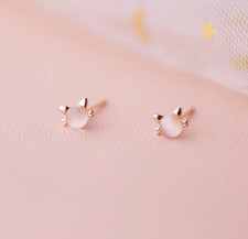 Adorable Tiny Rose Gold Hello Kitty Cat Kitten Moonstone Stud Earrings