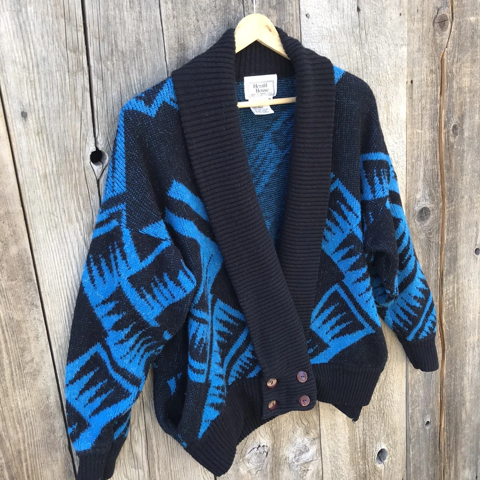 Suéter Cárdigan Vintage Años 80 Gráfico Tejido Profundo V, Mediano Foto 2 de 4