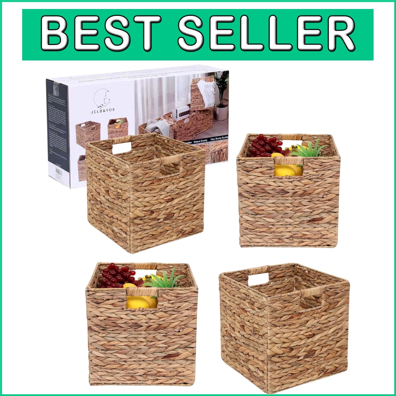 Set of 4 Foldable Handwoven Water Hyacinth Laundry Storage Baskets  