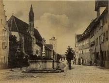 Allemagne, Rothenburg, l' église et la fontaine Vintage albumen print Tir