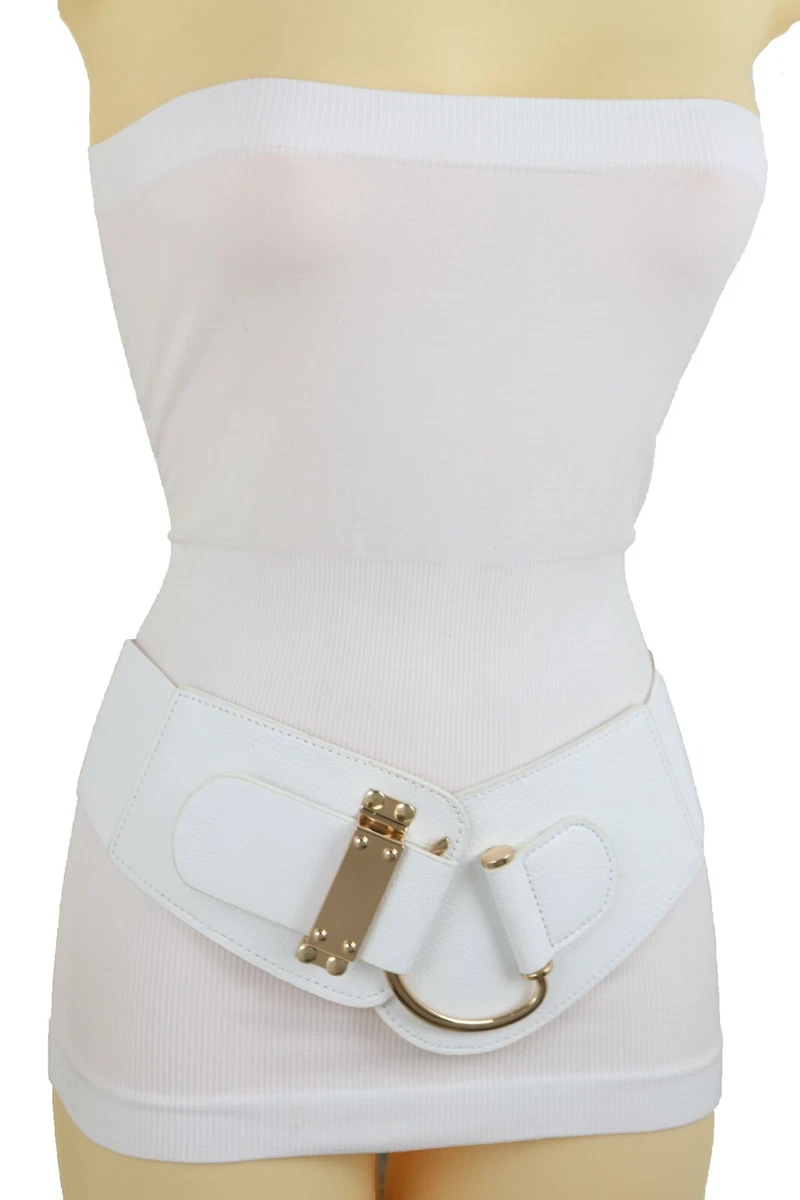 Women White Color Stretch Wide Elastic Belt Hip High Waist Gold
