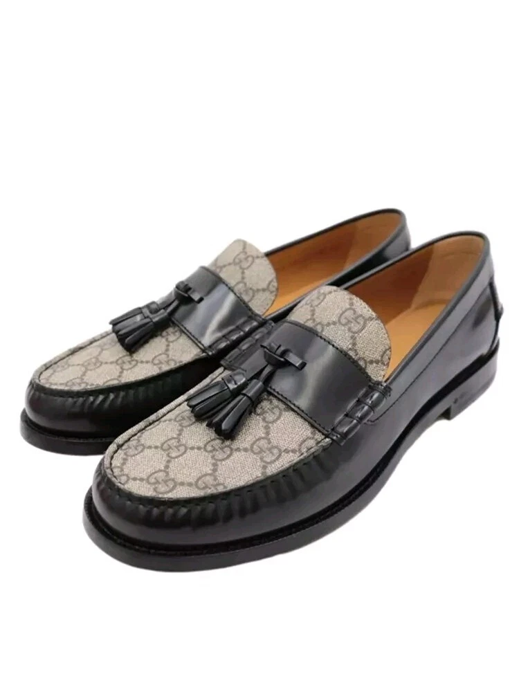 Mocassins Gucci en toile de cuir noir GG Supreme à pompons UK 11,5 US 12 12,5 neufs dans leur boîte