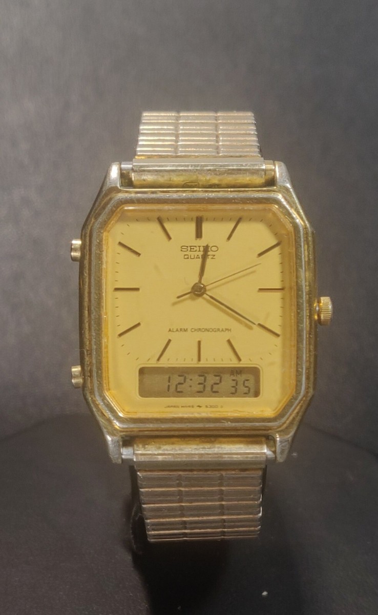Vintage Seiko Watch Men Gold Tone Analog Digital 29mm H449-5219