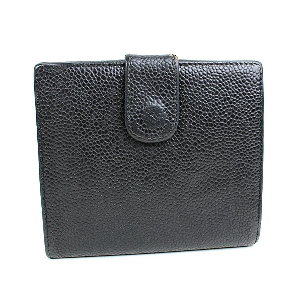 CHANEL W Clasp Double Fold Caviar Leather Wallet in Black q724 U