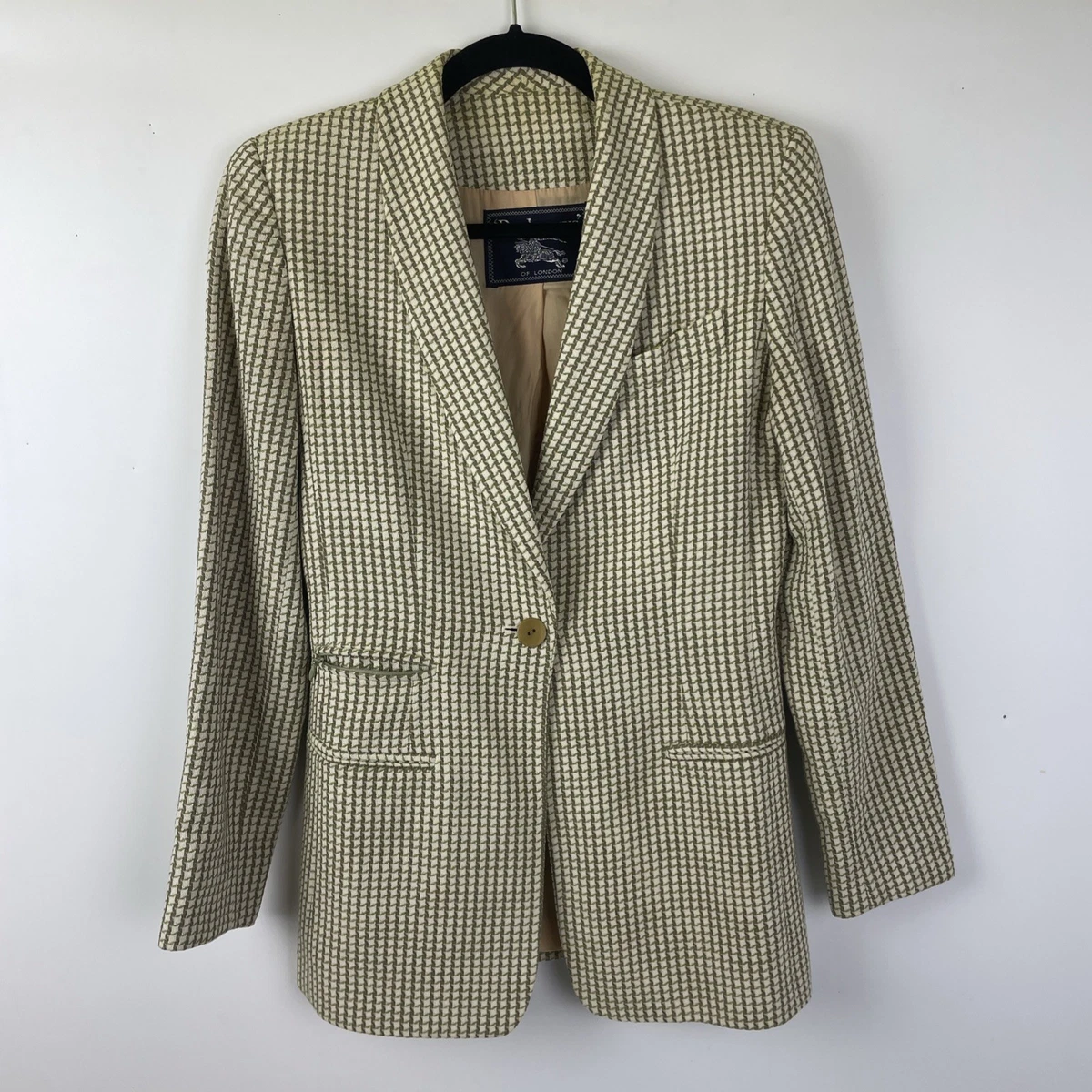 Blazer Traje Vintage Burberry Algodón Lino Pata de Gallo Para Mujer Talla 2P Pequeño EE. UU.