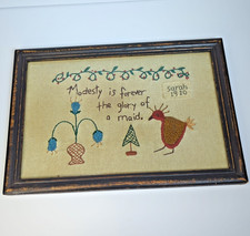 Antique 1910 Folk Art Framed Embroidery Needlework Modest Maid Christmas Tree
