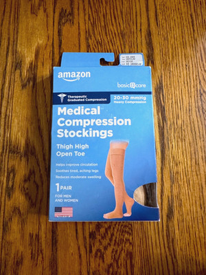 Amazon Basic Care Medical Compression Stockings 20-30 mmHg Thigh High Open Toe M