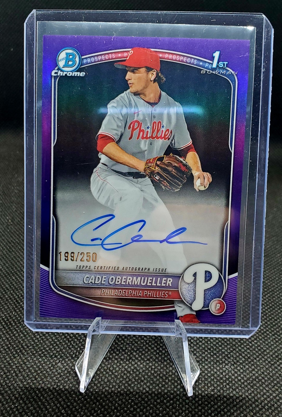 Cade Obermueller 2025 Bowman Draft Chrome 1st Purple /250 AUTO Phillies Prospect