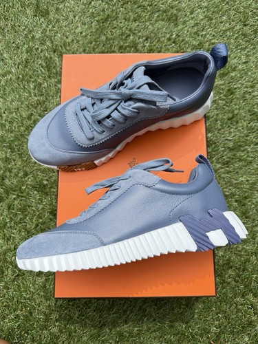 SNEAKERS HERMES BOUNCING BLU MER PELLE SCAMOSCIATA SUOLA BIANCA MODA 38 - Foto 10 di 16