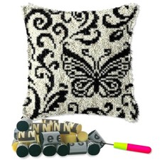 Latch Hook Kits Pillow Black Butterfly Crochet Yarn Cushion Colour Printed Ca...