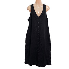 Old Navy Women Size LP Sleeveless Dress Black Linen Button Up V Neck Button Up