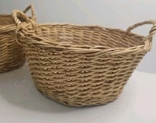Planter Display Basket Blonde Wood Woven 9.5" Round Handles 2 Baskets Inserts 