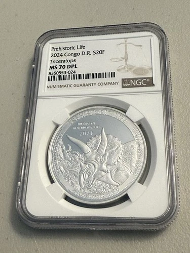 2024 Congo D.R. S20F Triceratops MS 70 DPL NGC 1 Oz Silver Coin