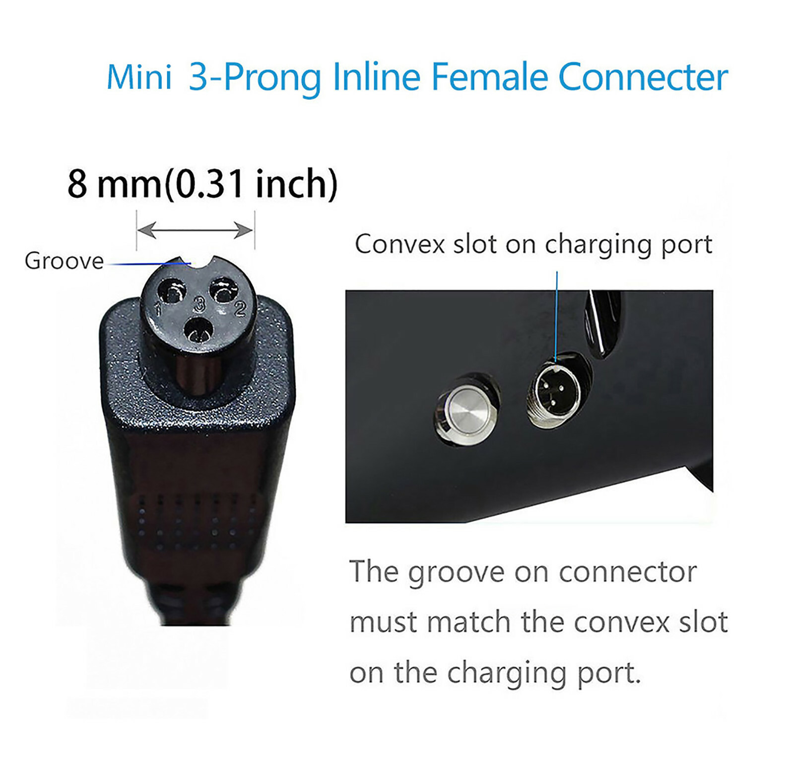 3 Pin 2 Prong 2 Wire (Mini) Hoverboard Charging Port for Scooter Charger Cable