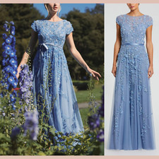 NWT Mac Duggal [ 10 ] 14521 Floral Embellished Short Sleeve Mesh Gown Blue J1711
